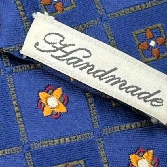 W.H. Belk Handmade 100% Silk Blue Tie With Orange & Yellow Floral Geometric - Picture 6 of 6